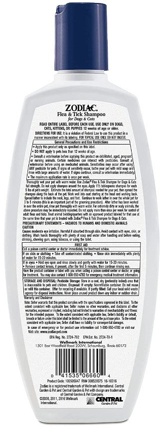 12 oz Zodiac Flea and Tick Shampoo for Dogs and Cats